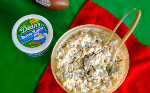 Bacon Ranch Macaroni Salad is made with Dean’s Bacon Ranch Dip.