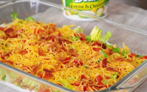 French Onion Layered BLT Dip Is made with Dean’s French Onion Dip.