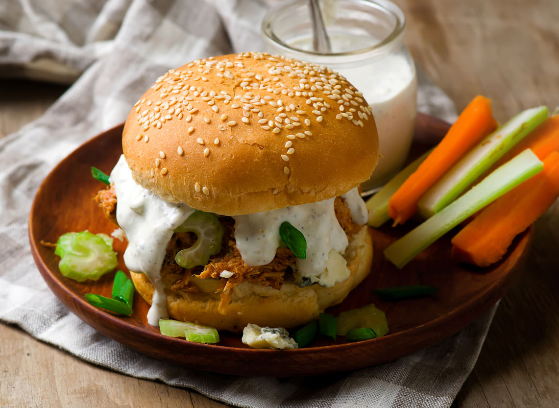 French Onion Buffalo Chicken Sandwich is made with Dean’s French Onion Dip.