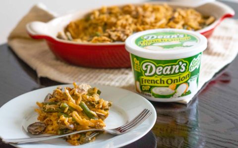 French Onion Green Bean Casserole uses Dean’s French Onion Dip.