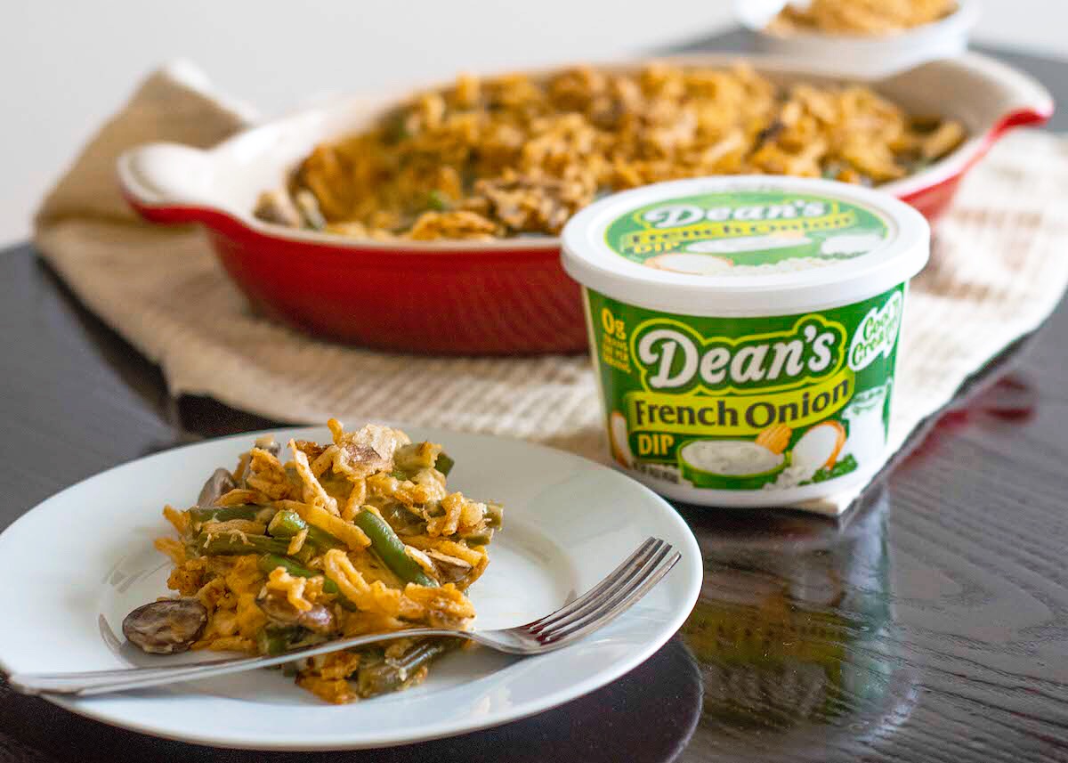 French Onion Green Bean Casserole uses Dean’s French Onion Dip.