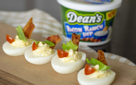 Ranch BLT Deviled Eggs uses Dean’s Bacon Ranch Dip.