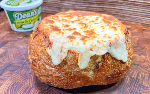 Baked French Onion Dip in Sourdough Bread Bowl